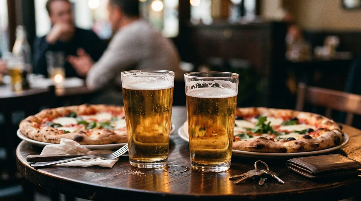 Two cold beers and a Neapolitan pizza on a wooden bistro table