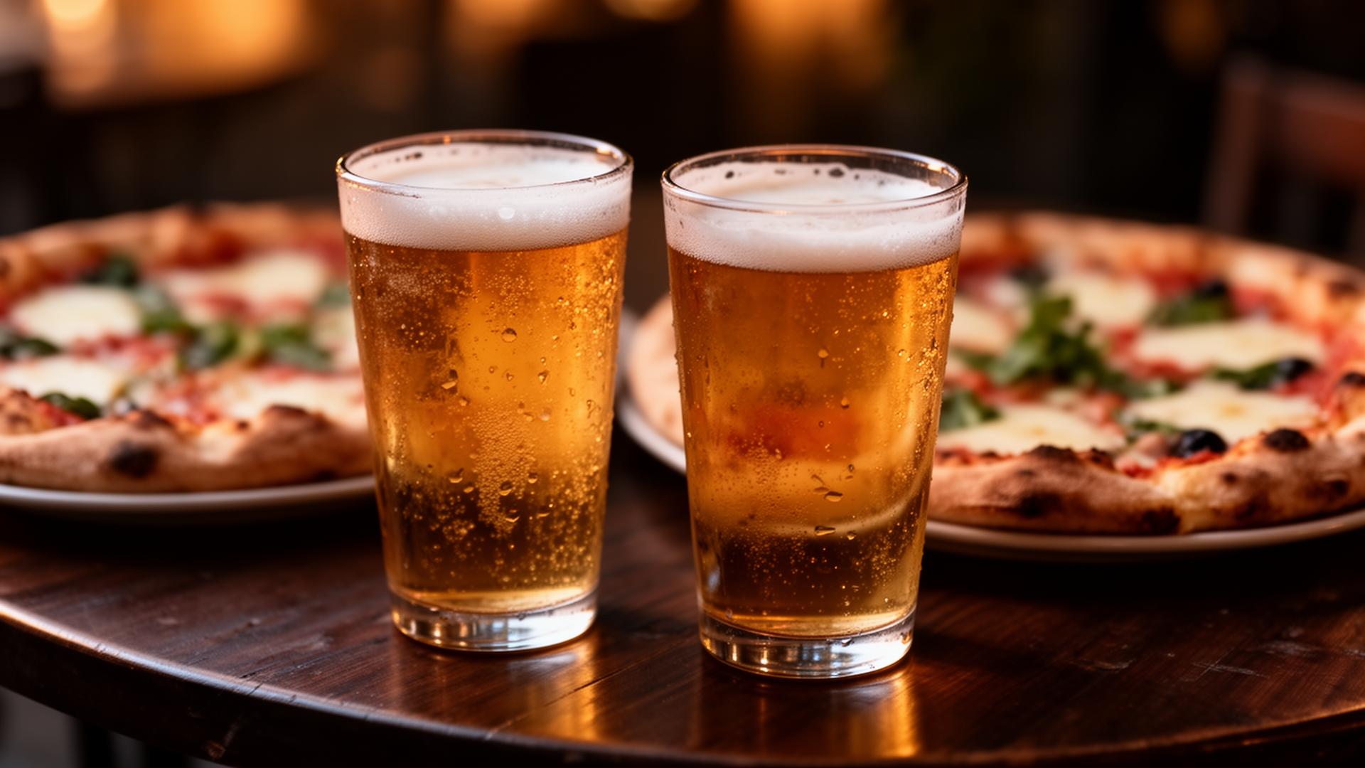 Two cold beers and a Neapolitan pizza on a wooden bistro table