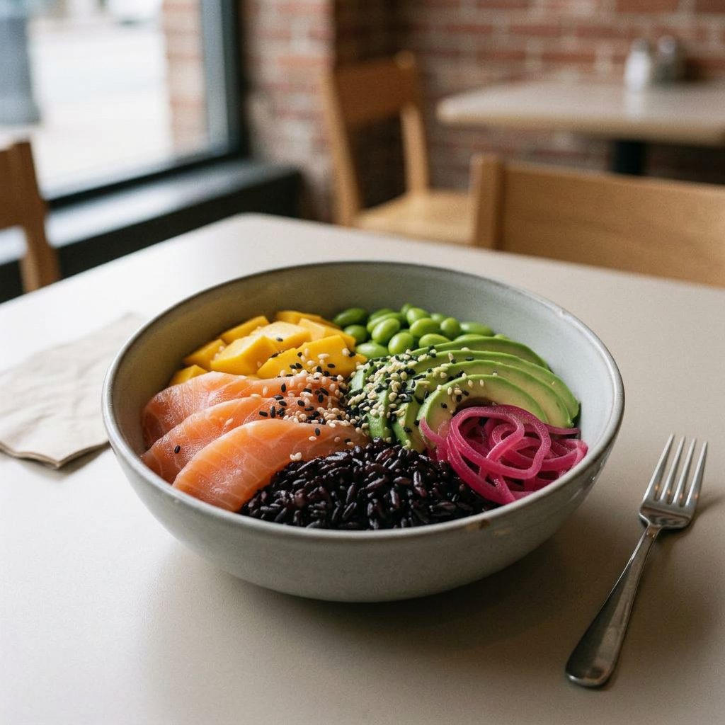 Poke bowl med lax, avokado och mango, lunch vid Karlatornet