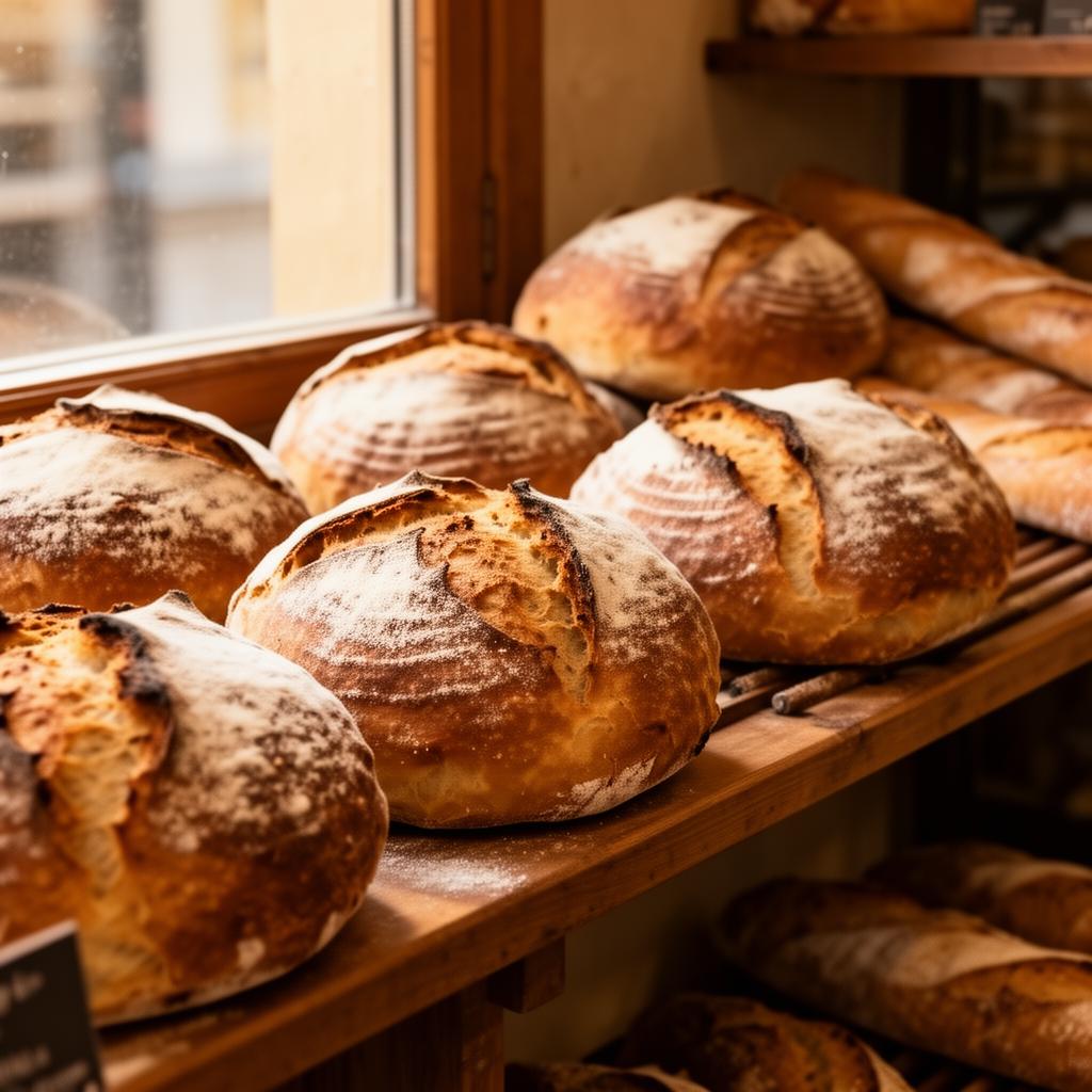 Artisan sourdough loaves on a bakery shelf