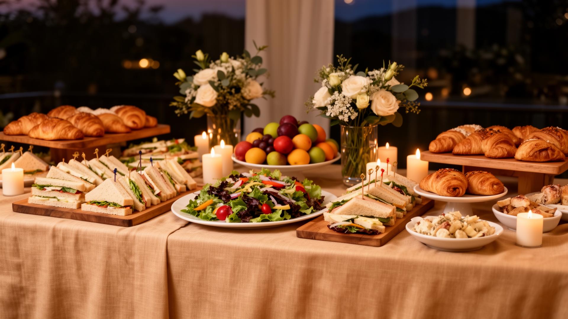 Catering buffet with sandwiches, pastries and fresh salad