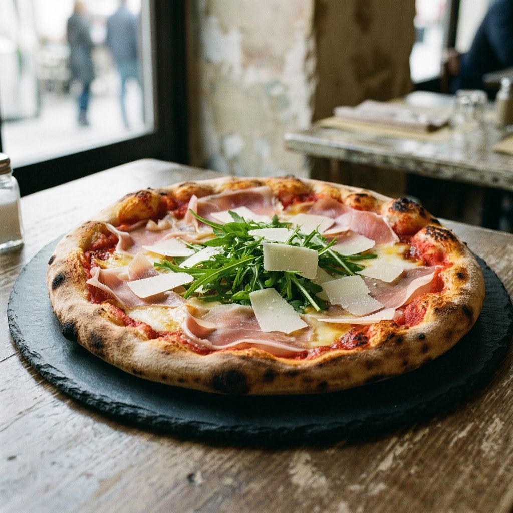 Pizza med parmaskinka och ruccola på Karla Bakeshop