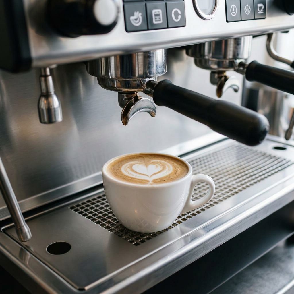 Cappuccino i vit kopp vid en espressomaskin