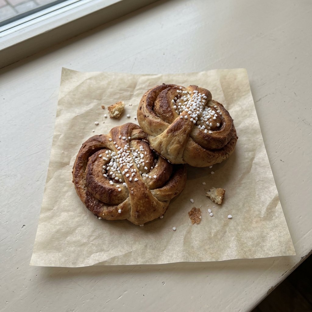 Två nybakade kanelbullar med pärlsocker på bakplåtspapper